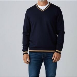 Cotton Knit Blue Tan strip V-neck Sweater  eclectic Grandpa fisherman old money